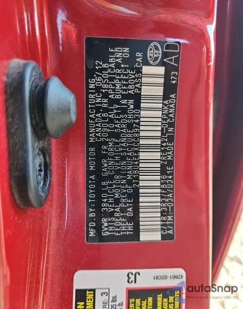 2012 Toyota Corolla Base from USA, damaged, VIN 2T1BU4EEXCC897430